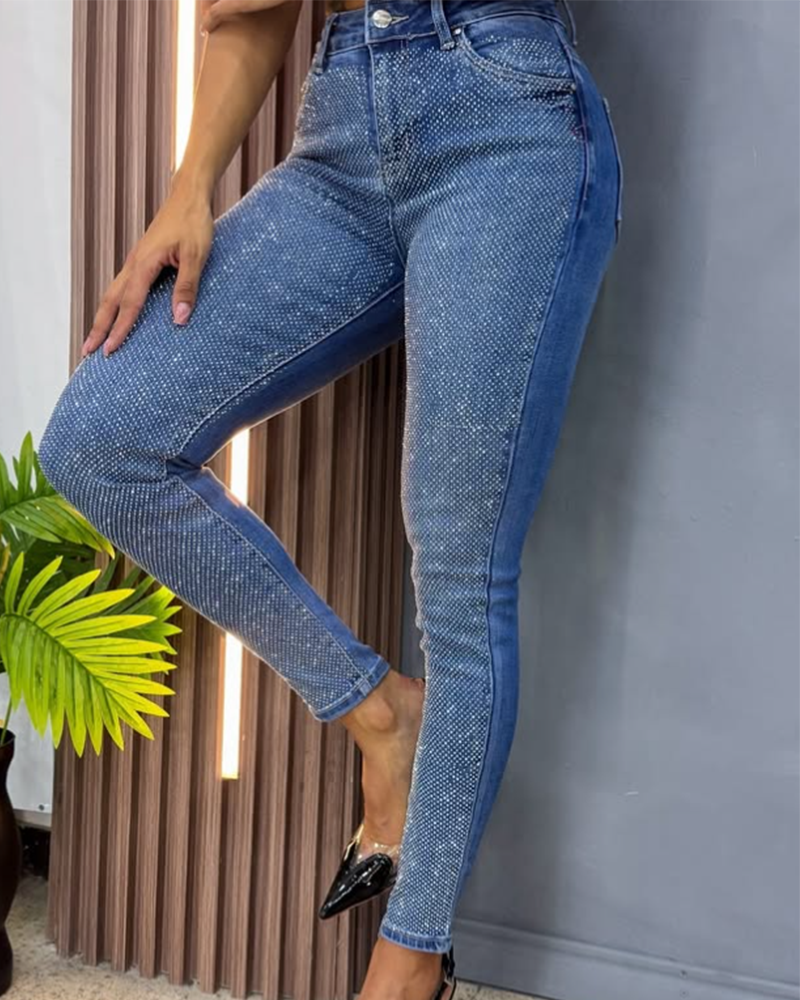 Rhinestone Slim-Fit Jeans (Pre-Sale)