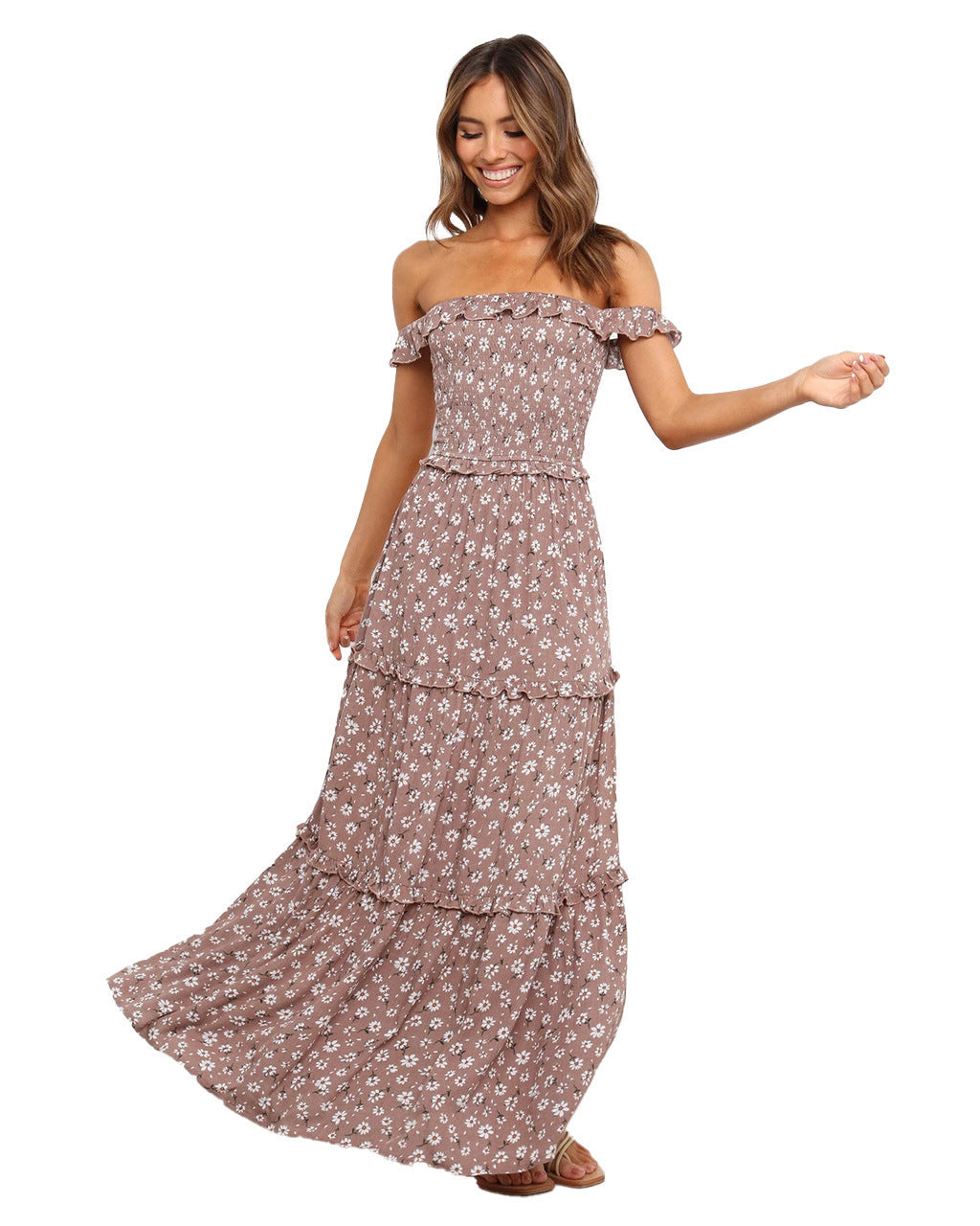 Small Floral Print Fresh and Sweet Breast-Wrap Long Dress