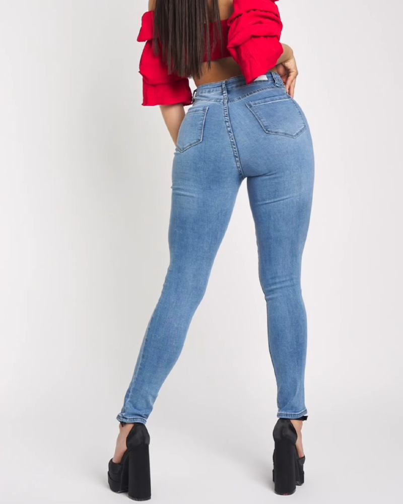 High Waisted Buckle Elastic Slim Fit Jeans  (Pre-Sale)