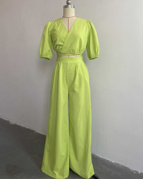 V-Neck Short-Sleeved Wide-Leg Pants Suit