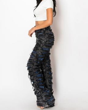 High-Waist Double Layers Of Broken Loose Jeans