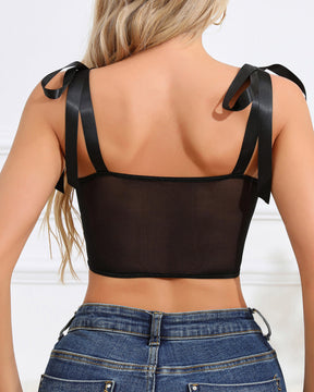 Flower Lace Mesh Strappy Fishbone See-Through Top