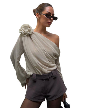 Chiffon Semi-sheer One Shoulder Asymmetrical Top