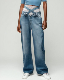 Cross-Bounded Floral Straight Tubes Jeans