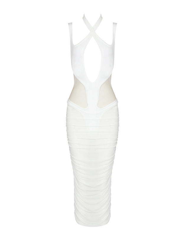 Low-Cut Backless Mesh Hollow Slim-Fitting Bandage Dress