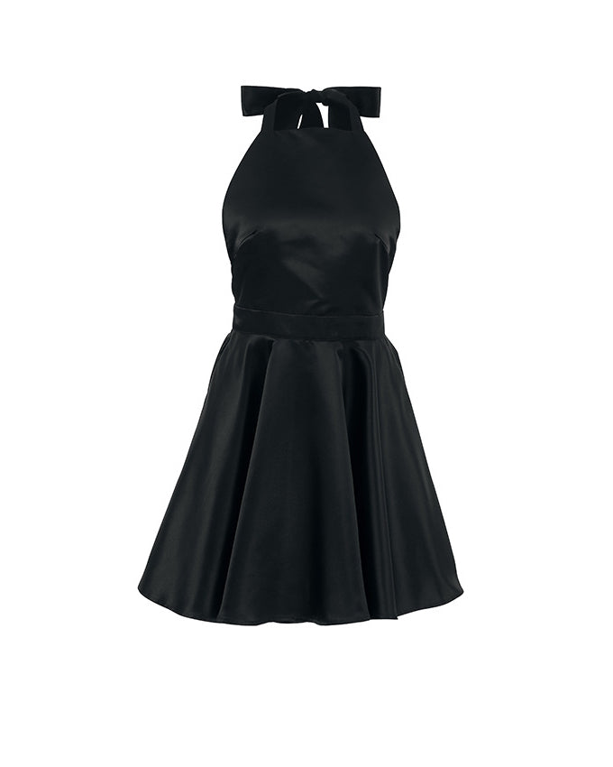 Satin Knotted Doule Pockets Open Back Pleated Mini Dress