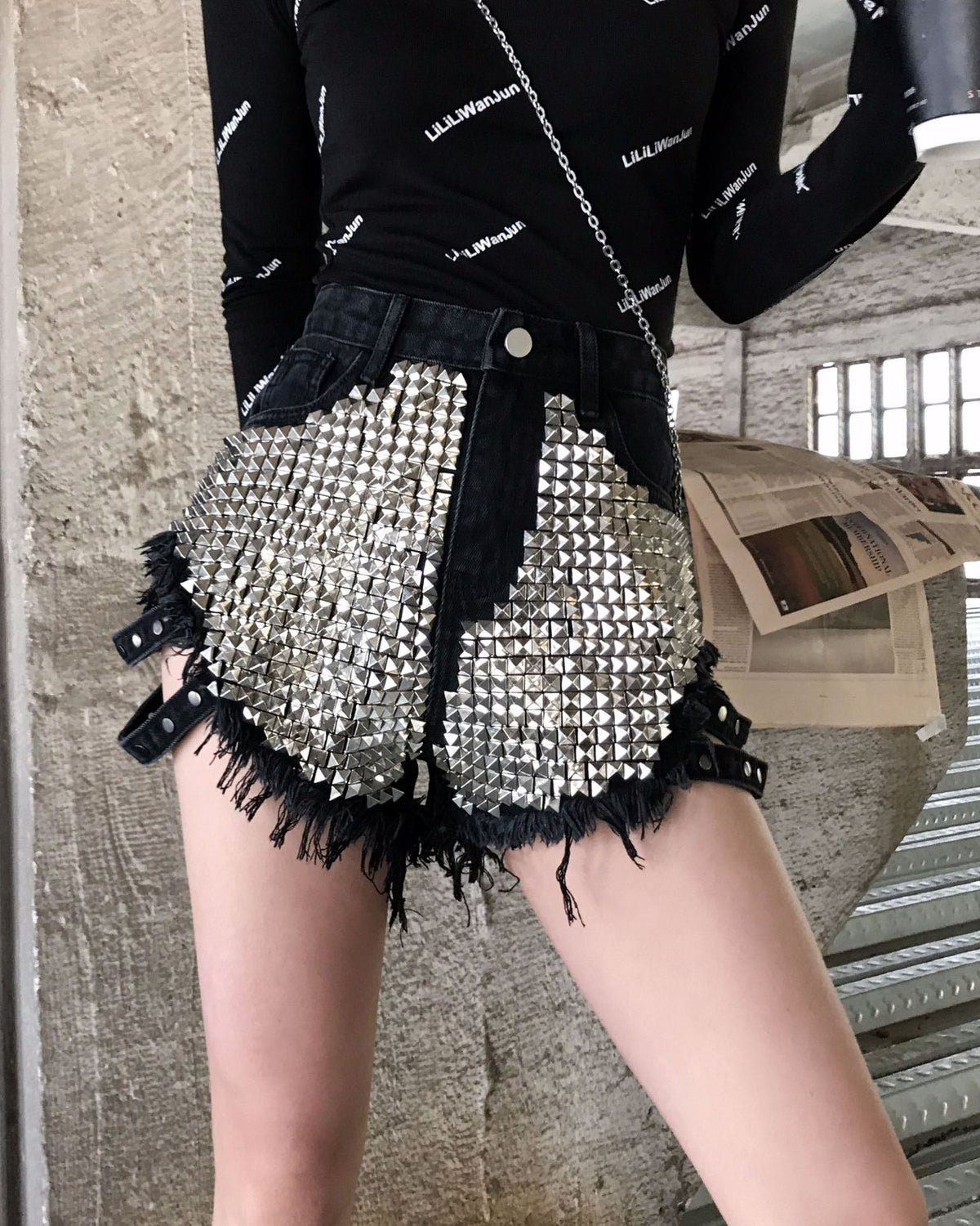 Side-Tie Fully Studded High-Rise Denim Shorts