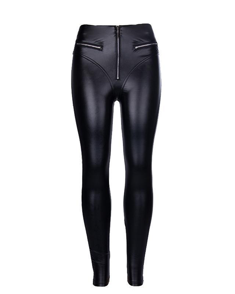 PU Tight High-Waisted Zipper Leather Pants