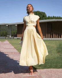 Vestido midi sin cintura estilo macarrón con cuello alto