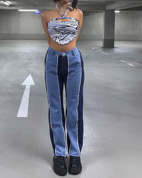 High Waist Casual Straight Denim Trousers