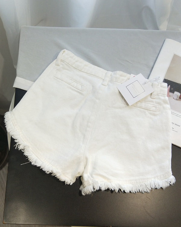 Solid Color Retro High Waist Raw Edge Fringed Denim Shorts