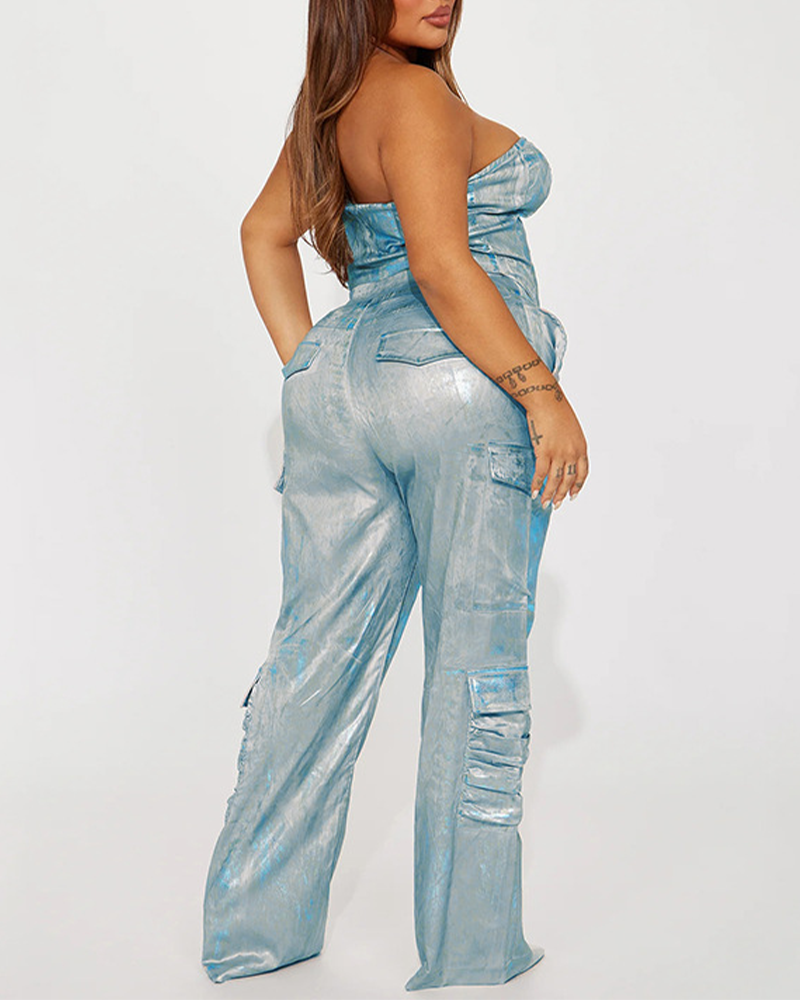 Bright Silver Pocket Casual Strapless Jeans Set