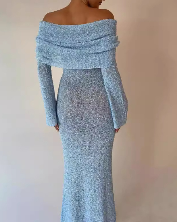 Off Shoulder Overfold Long Sleeve Sweater Long Dress