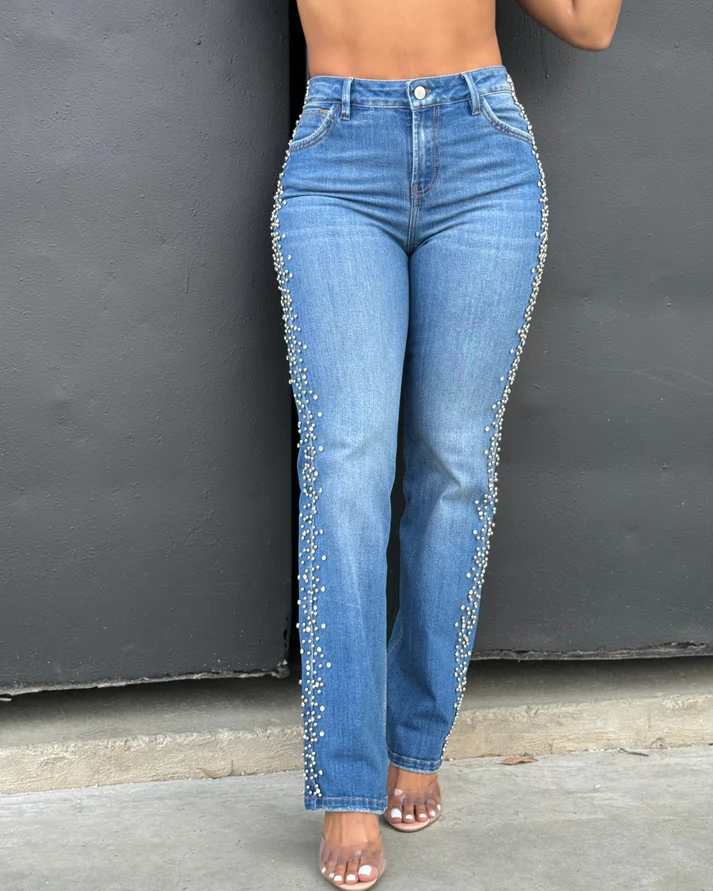 High-Waisted Ornament Straight-Leg Jeans