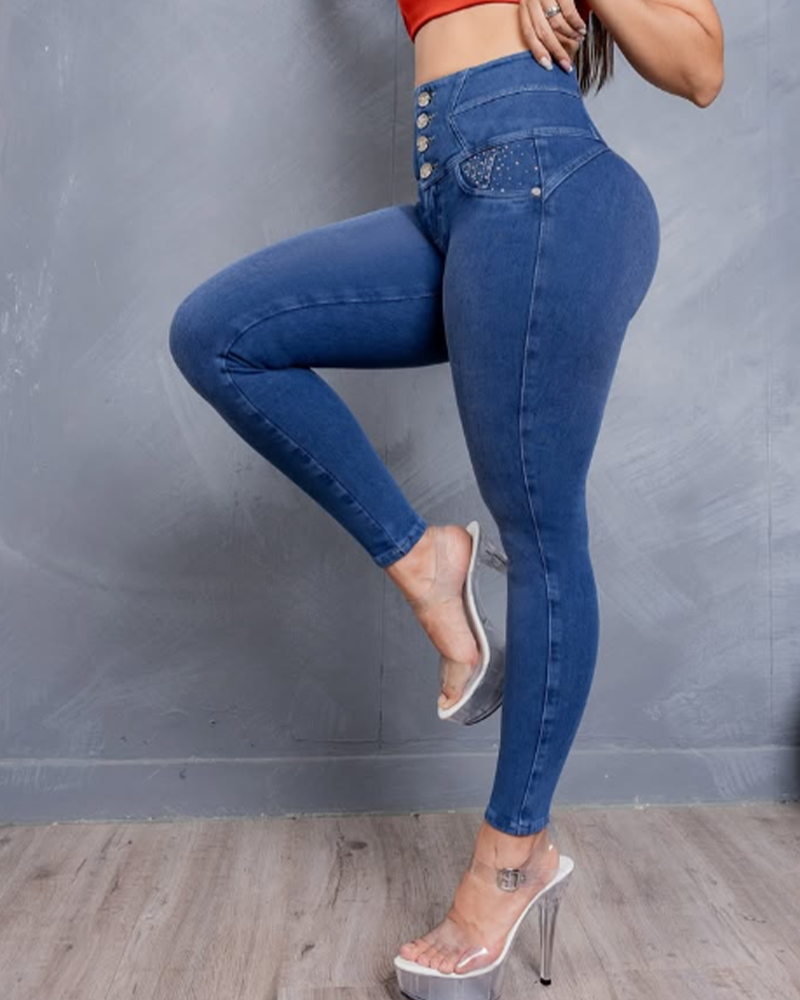 High-Waisted Elastic Slim Jeans (pre-sale)