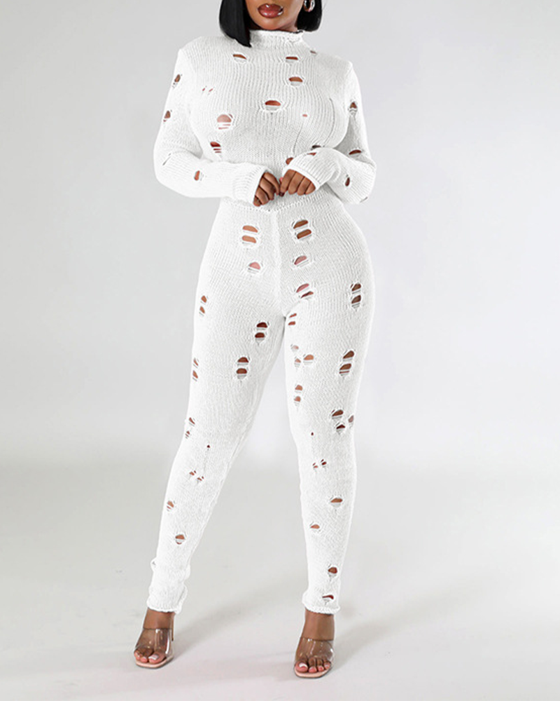 Long-Sleeved Knitted Holes In Slimming Jumpsuits