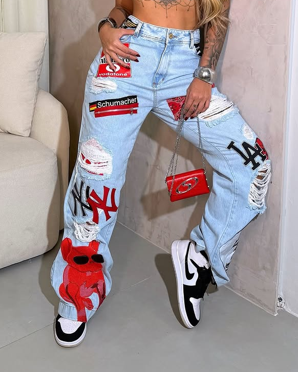 Graffiti Decorated Straight Denim 2-Piece Set (Pre-Sale)