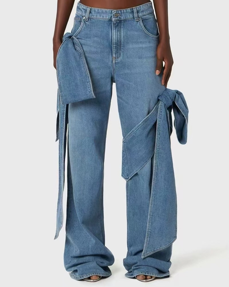 Patchwork Bow Baggy Jeans