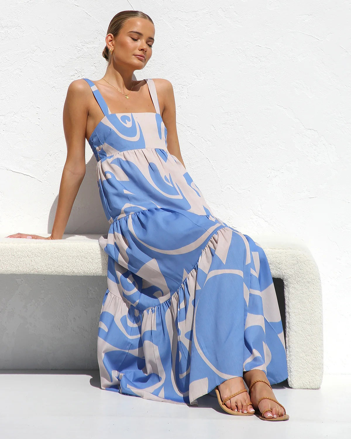 Simple Printed Suspender Maxi Dress with Large Skirt