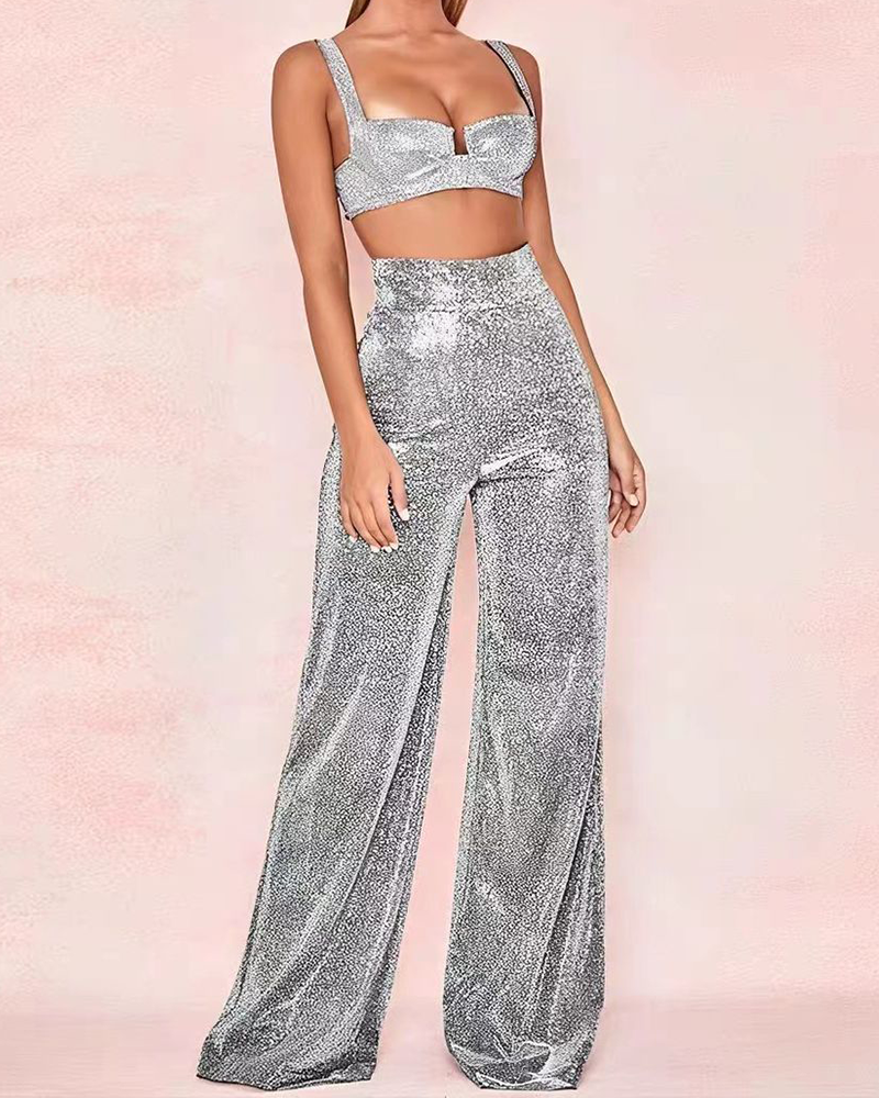 Silver High-Waisted Wide-Leg Slacks