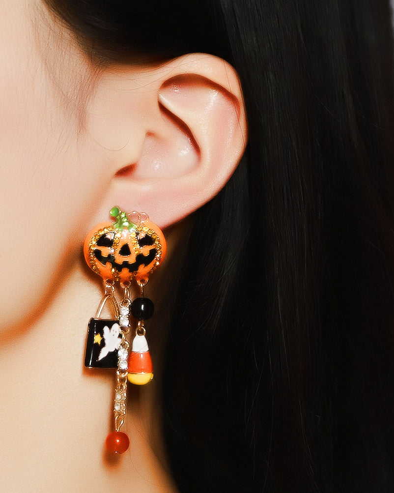 Pendientes de borlas con forma de calavera de calabaza y circonitas con gotas de aceite para Halloween