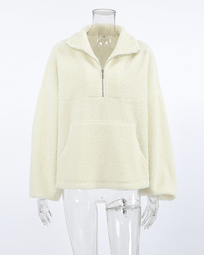 Knitted Casual Lambswool Small Stand Collar Plush Sweatshirt