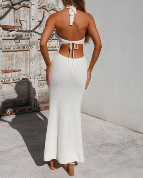 Halterneck Sexy Low-Cut Backless Knitted Hollow See-Through Dress