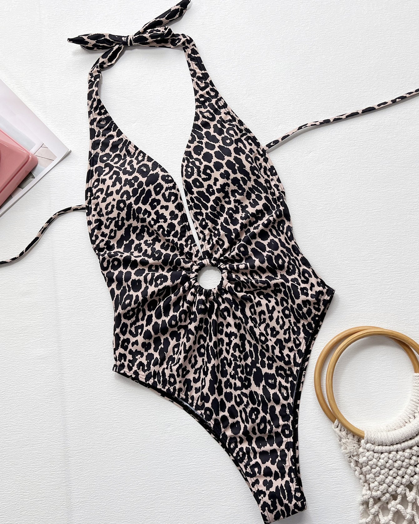 Leopard Print Cut-Out Ring One-Piece Swimsuit