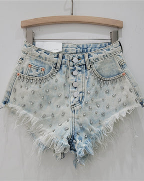 3/4-Jeansshorts mit Strass-Perlen und Fransen