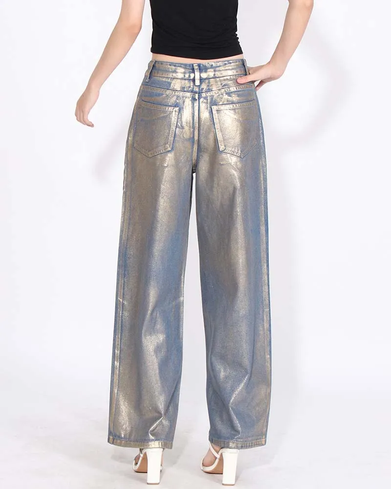 Gold Bronzed High Waisted Baggy Wide Leg Casual Jeans