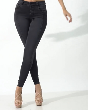 High-Waisted Button Elastic Hip-Lifting Jeans  (Pre-Sale)