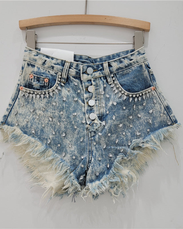 3/4-Jeansshorts mit Strass-Perlen und Fransen