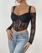 Lace Long-Sleeved Off-Shoulder Underwired Herringbone Straps See-Through Top