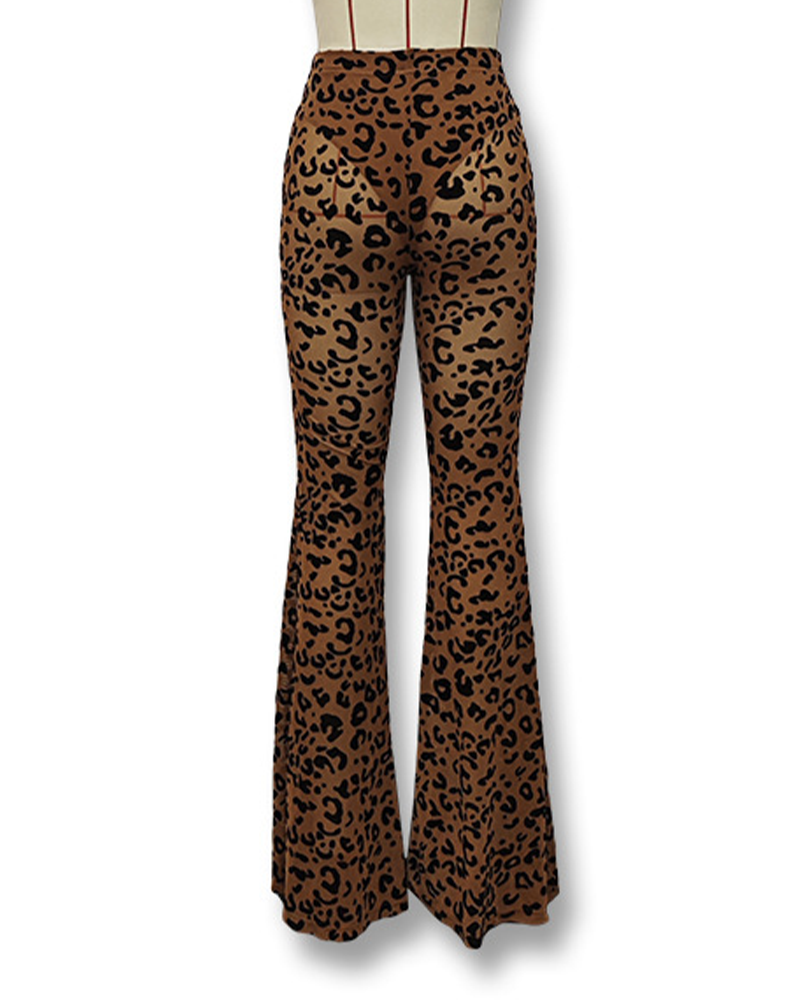 Mesh Flocking High-Waisted Flared Pants