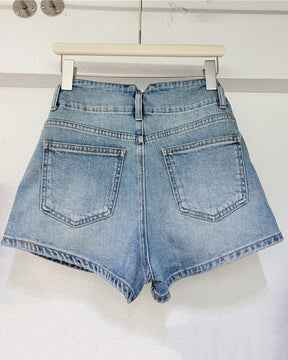 Jeansshorts mit hoher Taille und Rautenperlenbesatz