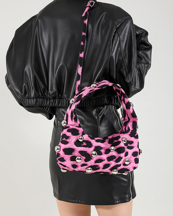 Leopard Print Retro Punk Style Studded Shoulder Bag