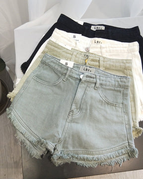 Solid Color Retro High Waist Raw Edge Fringed Denim Shorts