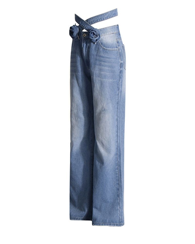 Cross-Bounded Floral Straight Tubes Jeans