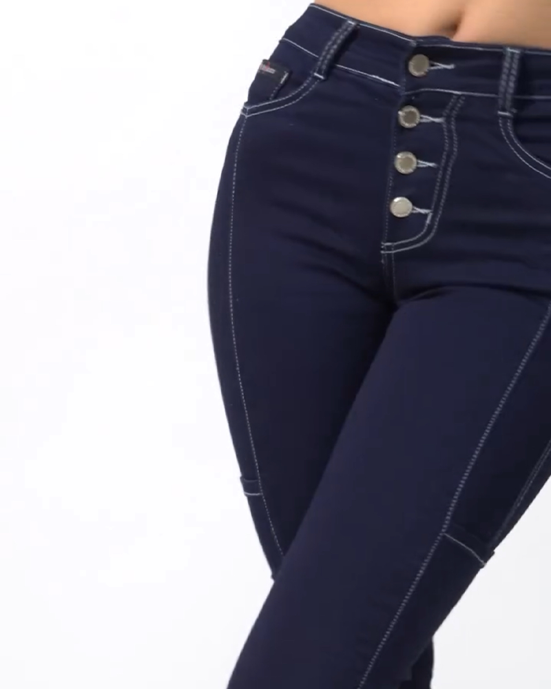 High-Waisted Button Elastic Hip-Lifting Jeans  (Pre-Sale)