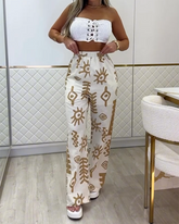 Lace-Up Tube Top Print High-Waisted Trouser Set (Pre-Sale)