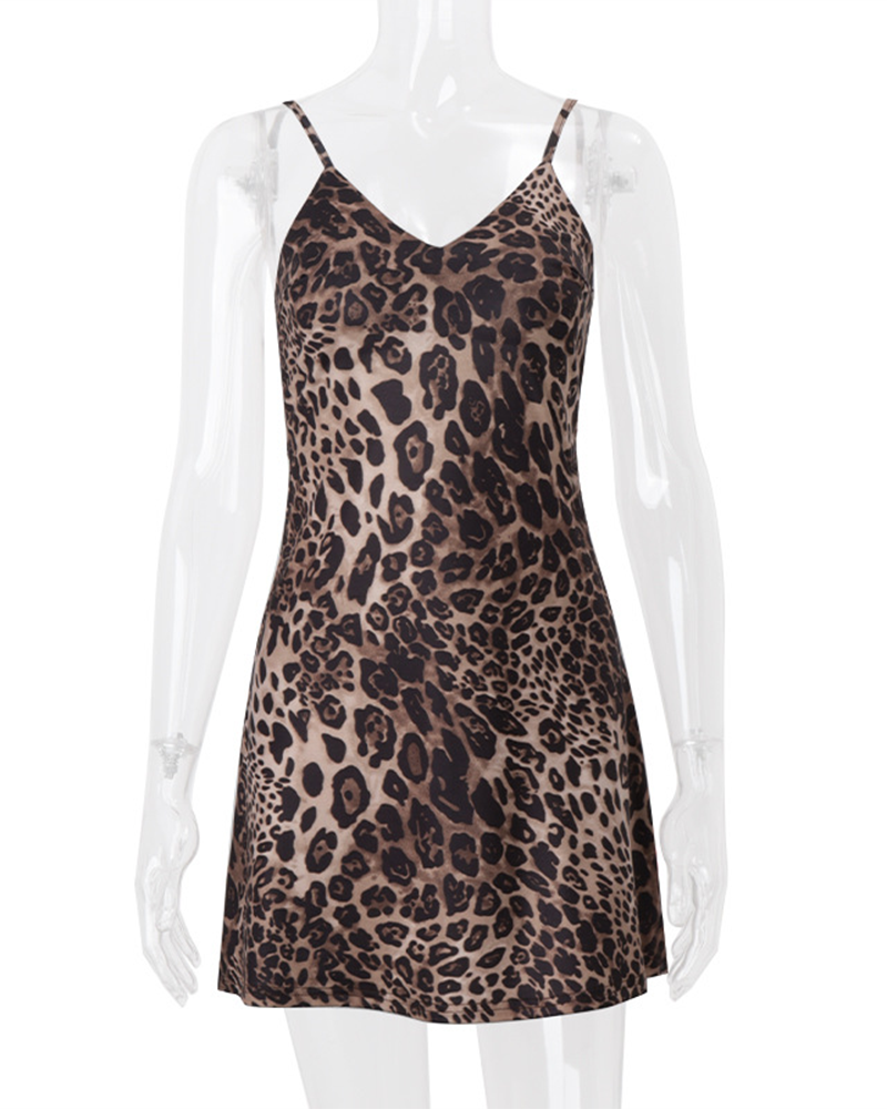 Leopard V-Neck Sexy Halter Dress