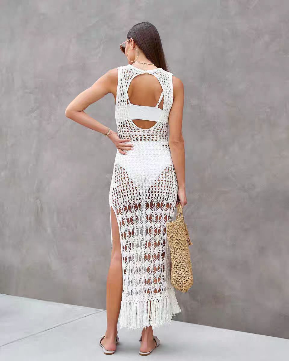 Vestido sexy con borlas de punto hueco, bikini de playa, traje de baño de vacaciones, falda larga