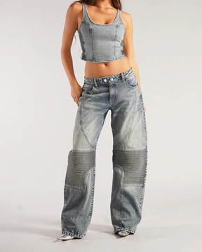 Loose Denim Pants At Mid-Waist