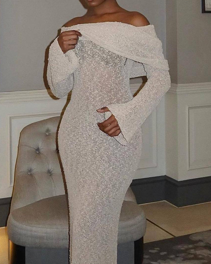 Off Shoulder Overfold Long Sleeve Sweater Long Dress