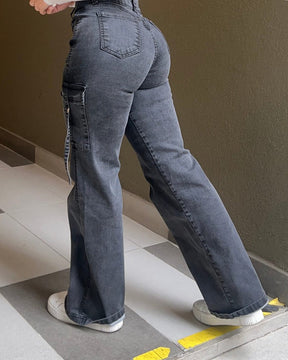 Pantalones vaqueros cargo de cintura alta para mujer con bolsillo con solapa y pierna ancha