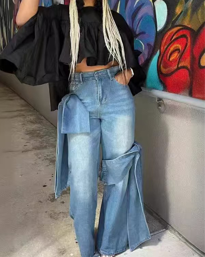 Patchwork Bow Baggy Jeans