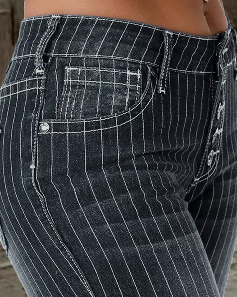 Mid-Rise Striped Flared Jeans