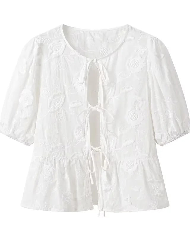 Round Neck Puff Sleeves Lace-up Embroidered Shirt