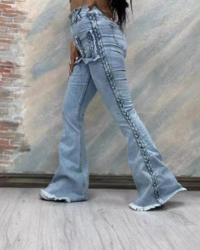 High-Waisted Floor-Length Twist Stretch Denim Flared Pants