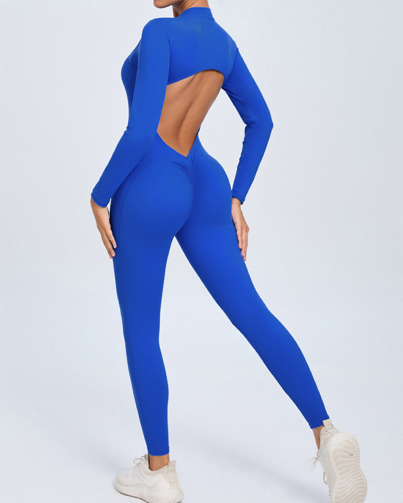 Zippered Long Sleeve Butt Lift Yoga Jumpsuit